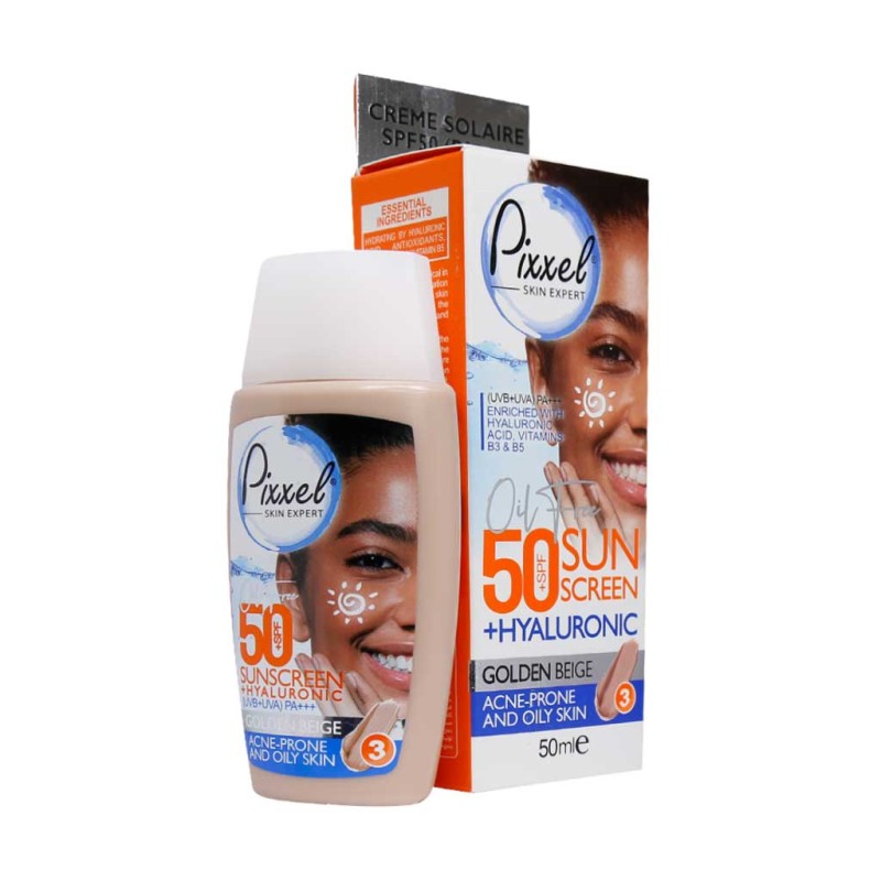 کرم ضد آفتاب SPF50 پیکسل مناسب پوست چرب و جوش دار 50 میلی لیتر رنگ بژ طلایی