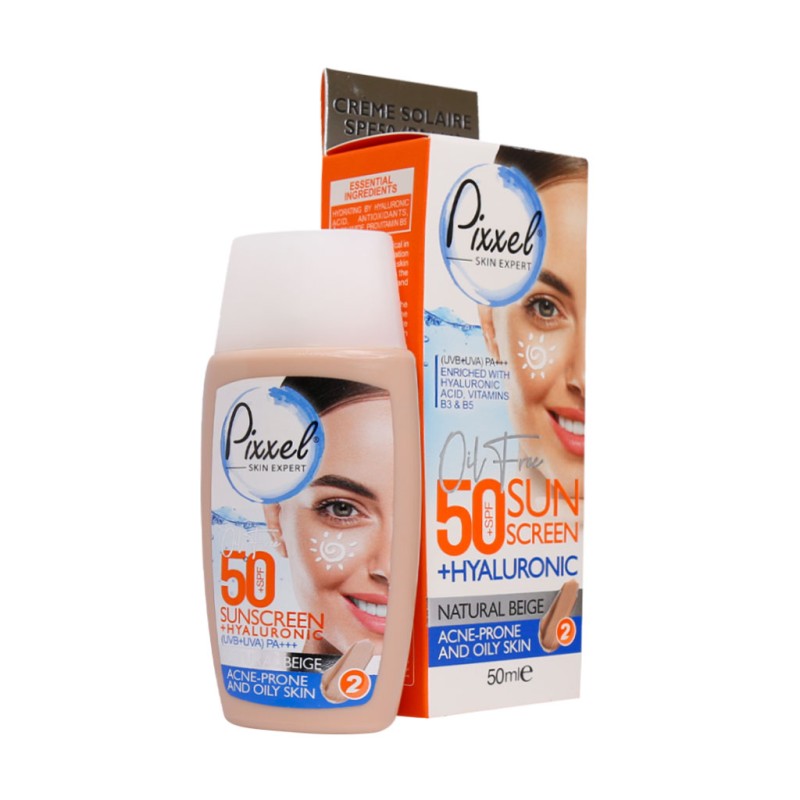 کرم ضد آفتاب SPF50 پیکسل مناسب پوست چرب و جوش دار 50 میلی لیتر رنگ بژ طبیعی