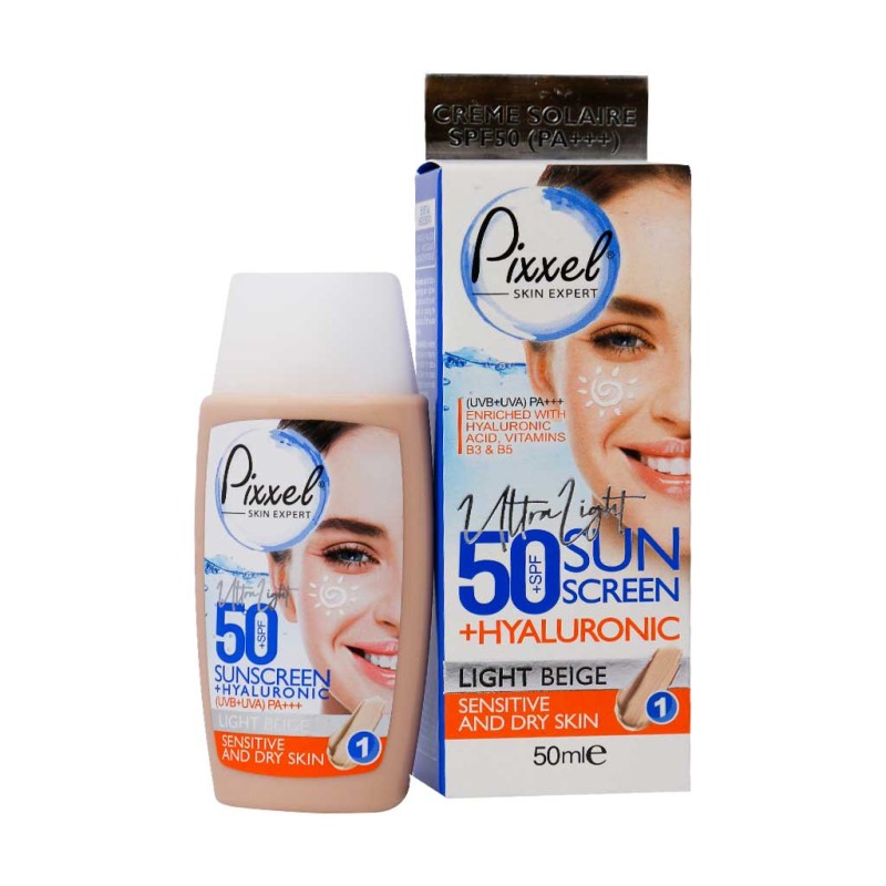 کرم ضد آفتاب SPF50 پیکسل مناسب پوست خشک و حساس 50 میلی لیتر رنگ بژ روشن