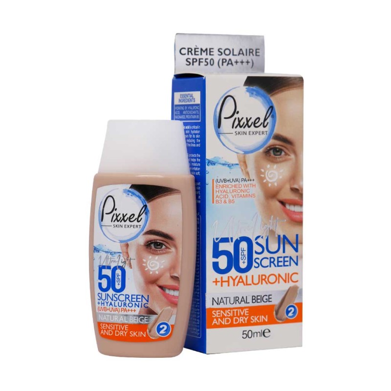 کرم ضد آفتاب SPF50 پیکسل مناسب پوست خشک و حساس 50 میلی لیتر رنگ بژ طبیعی