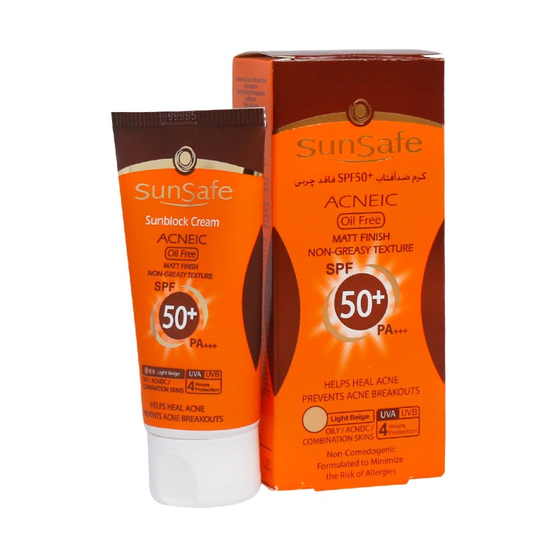 کرم ضد آفتاب SPF50 فاقد چربی سان سیف مناسب پوست های چرب و آکنه ای ۵۰ میلی لیتر رنگ بژ روشن