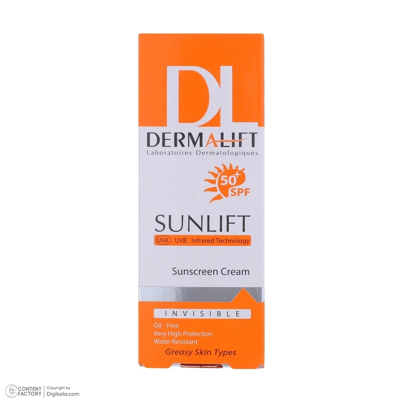 کرم ضد آفتاب SPF50 بدون رنگ پوست چرب درمالیفت 40 میلی لیتر